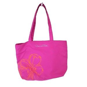 Oscar De La Renta Tote Bag Medium Pink Fabric Snap Beach Cruise Vacation Pool